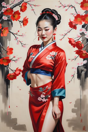 Acrylic and line painting of a full body view of a beautiful chinese lady mid-turn, half closed eyes look at the viewer, red lips slightly smiling, hand under the chin, hair in bun adorned with Sakura Flowers, wearing embroidered bellyband and satin short, stands in a confidence posture, background adorned with fresh vivid flowers. Art by Wu Quan Zhong.
