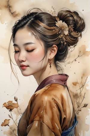 watercolor and line painting of a portrait a beautiful lady mid-turn, bebd back, closed eyes, slightly smiling, hair in bun, background adorned with dried flowers, art by Ma Yuan.