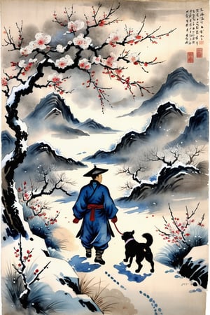 ancien technique peinture chinois sur papier xuan, aquarelle et ligne, un jeune homme marche sous la tempête de neige, cerisier en fleurs, un chien court derrière lui, des moutons brouten de l'herbe en arrière plan, faible contrast, art by Yun Qiu.
