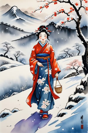 peinture chinoise, aquarelle 
character, une femme avec enfant marchent dans le champ,
cerisier sous la neige,
paysage enneigé,
éclaboussures.
art by ukiyo-e 