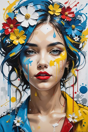 Create a mixed media artwork featuring vibrant oil paint of portrait interesting female splashes in hues of blue, yellow, and red with white floral patterns overlaid. Include graffiti ,scrapbook art,geometric textural elements that resemble pastel strokes and ink drips to add depth and interest.