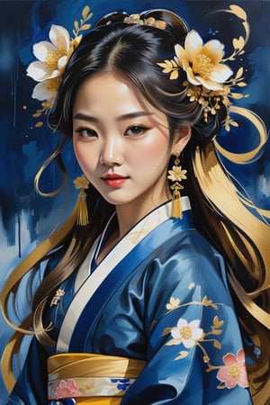 acrylic and line painting of a beautiful Korean girl wearing hanbok, flowing hair adorned with  flowers ans jewellery, mid-turn, bend back, slightly smiling, looking malicious at viewer, dark blue and gold brush strokes abstract background.