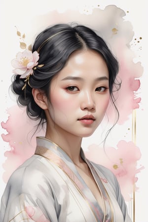 Ultra minimal, clean lines featuring a highly captivating and expressive portraiture of a delicate and ethereal young Victorian asian woman, representing tranquility. Light grey lines, off-white background, subtle gold and pink watercolor fill, illustration, 