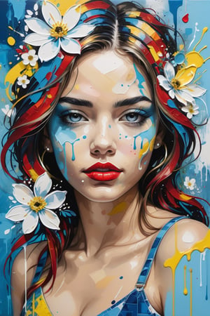 Create a mixed media artwork featuring vibrant oil paint of portrait interesting female splashes in hues of blue, yellow, and red with white floral patterns overlaid. Include graffiti ,scrapbook art,geometric textural elements that resemble pastel strokes and ink drips to add depth and interest.