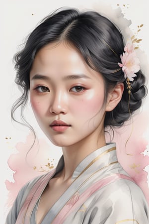 Ultra minimal, clean lines featuring a highly captivating and expressive portraiture of a delicate and ethereal young Victorian asian woman, representing tranquility. Light grey lines, off-white background, subtle gold and pink watercolor fill, illustration, 