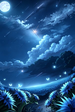 night blue sky, flower,butterfly, anime styple, shooting star,moon,cornflower,realistic