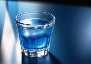 Um copo de água com gelo sobre uma mesa de vidro em um background azul escuro com petro. Deve haver um çluz de iluminação vindo da diagonal superior direita à diagonal esquerda inferiro da imagens
,stworki