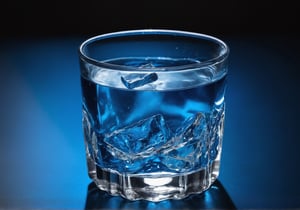 Um copo de água com gelo sobre uma mesa de vidro em um background azul escuro com petro. Deve haver um çluz de iluminação vindo da diagonal superior direita à diagonal esquerda inferiro da imagens

