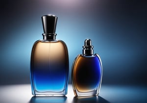 Um frasco de perfume da Marca ArtPulsy - esta dee estar escrito corretamente e alta definição deitado sobre um superficie preta. Background com fundo azul escuro com degrade para o preto. Deve haver um luz na diognal sobro o frasco de perfume. 
