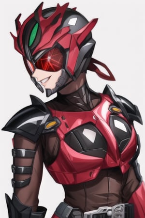 Black armor, adult woman, white background, waist-up, medium closeup, red visor, long red hair, Kamen_Rider_Black_RX, large breasts, glamour pose, motorcycle helmet,  fused chest plate, head fully in-frame, kamen_rider_jeanne, gemtech, inner details, red gems, smiling, laughing, very shiny, 90s