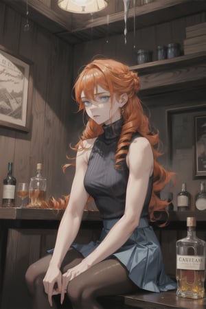 adult female, long hair, blue eyes, orange hair, drill curls, Sleeveless black shirt, blue skirt, pantyhose, shoulder muscles, turtleneck, sitting, in tavern, Detail, whiskey, frustrated, looking to side, freckles