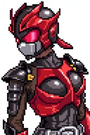 Black armor, adult woman, white background, waist-up, medium closeup, red visor, long red hair, Kamen_Rider_Black_RX, large breasts, glamour pose, motorcycle helmet,  fused chest plate, head fully in-frame, kamen_rider_jeanne, gemtech, inner details, red gems, Pixel art, facemask, very shiny