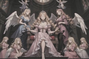 Pixel art, fresco, 1 adult woman surrounded in angels, tiara, large breasts, curly blonde hair, long hair, drill curls, eyes closed, serene expression, pink dress, victorian dress, highheels, cleavage, sistine chapel