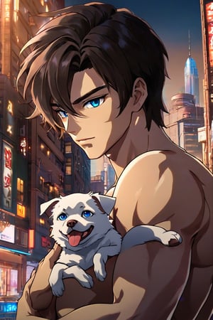 Masterpiece, high quality style art, sexy bombshell anime man standing and holding dog, semi realistic, perfect handsome face, short hair on sides and long hair on top of head, sexy blue eyes, backdrop of the cityscape,
perfect anatomy, perfect face, perfect photo, perfect anatomy, perfect eyes, like artist 100%cotton, soft glow, add detail and fix mistakes in position and anatomy
 HD, 4K resolution, ray tracing lighting, unreal engine 5, semi realistic background, photo quality effects, professional quality lighting, follow directions and prompt 100%,man