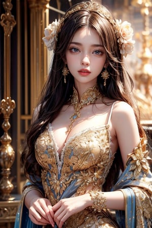 1 girl with exquisite features, wearing an exquisite dress with upper body, this dress features luxurious golden embroidery, weaving intricate floral patterns and delicate patterns, exuding luxury with its exquisite details.