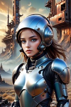 A mesmerizing illustration of a girl, with delicate face and eyes, wearing a tight suit and a space helmet, against the backdrop of a post-apocalyptic background with a surreal landscape, this artwork combines bio-robot art, fantasy Elements of digital painting and fluid art create a mesmerizing scene.
,DonM0ccul7Ru57XL,more detail XL,mecha\(hubggirl)\