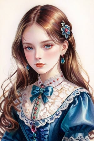 colored pencil drawing of a girl in a Victorian dress, upper body portrait, facing the camera, long hair, hair accessories, jewelry, earrings. Masterpiece, best quality, illustration art, beauty and aesthetics, 1 girl, portrait, extreme detail, simple background, 16k, high resolution, perfect dynamic composition, high color contrast.,victorian dress,better photography,FilmGirl