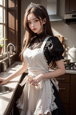 Brown-haired girl, lace tiara, black maid outfit, lace top, white apron, flared skirt, rings and ruffles, kitchen, art nouveau style1 girl