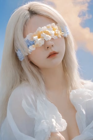 heaven_clouds around her , jewellery ,white hair, messy_hair , white_angel_clothes , detailed , high_resolution , white_rose clothes , full_clothes , long_hair,Flower Blindfold,big breasts,upper body,portrait, close-up,dlwlrma,xxmix_girl,blue background