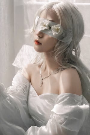 heaven_clouds around her , jewellery , white_hair , white_angel_clothes , detailed , high_resolution , white_rose clothes , full_clothes , long_hair,Flower Blindfold,big breasts,upper body,portrait, close-up,dlwlrma