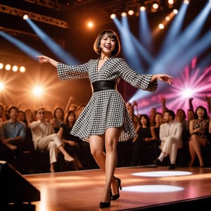 A medium-built Japanese woman with a stylish bob haircut, shoulder-length, dancing energetically on a live concert stage. She is wearing a sophisticated and slightly provocative houndstooth print dress that enhances her figure and adds glamour. The stage is alive with bright, colorful lights, and the audience in the background is enjoying the lively atmosphere of the concert.,Extremely Realistic,cinematic  moviemaker style