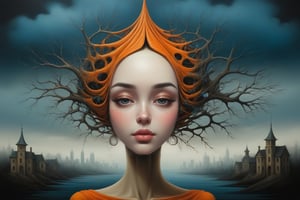 a vibrant digital composition featuring a woman's head adorned with intertwining branches. This artwork should embody elements reminiscent of eerie houses, elegant surrealism, representations of city life, and a striking contrast between dark sky-blue and orange hues. The portrait should possess concealed symbolism, akin to caricature-like illustrations, where the meeting of a bustling metropolis and the serenity of nature coexist harmoniously., in the style of esao andrews, best composition, best lighting.