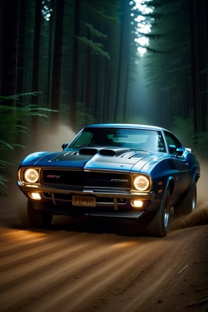 macro photo of a beautiful muscle car on a banked dirt road turning in the forest at (night), dark, (zavy-dtchngl), cinematic still, The Fast and the Furious movie screencap, dynamic,