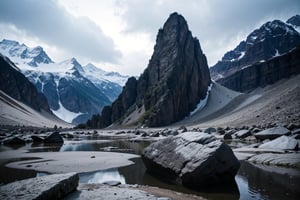 black rock - Rupertus Negras.masterpiece, best quality, aethetic, Frozen landscapes sculpted by the movement of glaciers, characterized by rugged mountains, deep valleys, and icy formations