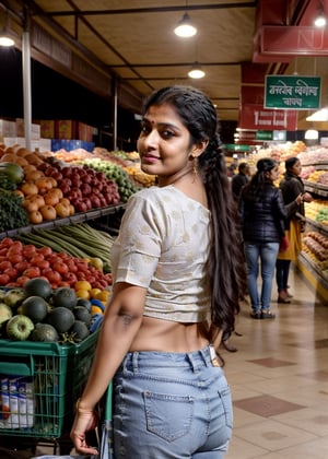 30years old Indian beautyful women,Lovely cute  acute an Instagram model 22 years old, full-length, long black_hair, black hair, winter, in a grocery store indian, wearing jeans and red top, pony_tail, standing with trolly basket.,Indian 