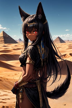 solo mature female,buff,long black hair,red eyes,anubis tail,anubis ears,noble egypten archer outfit,dark tan skin,proud exprestion,desert city background,bow and arrow,shaw,