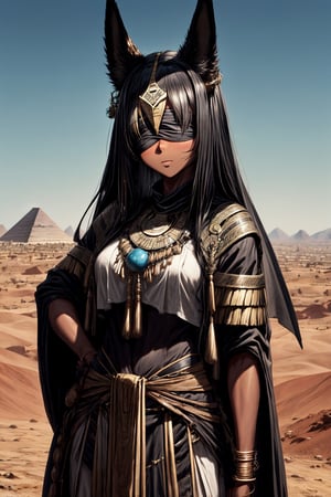 solo mature female,buff,long black hair,anubis tail,anubis ears,noble egypten shaman outfit,dark tan skin,proud exprestion,desert city background,staff in left hand,shaw,blindfold,both eyes covered by blindfold