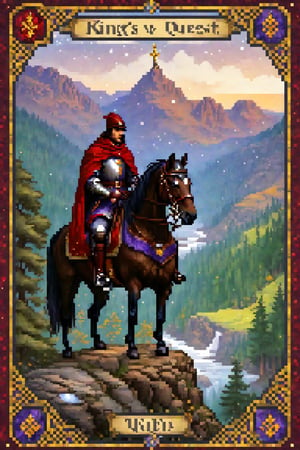 King's Quest V themed and style, a tarot card, The wondering knight, with text KNIGHT of WIONDER