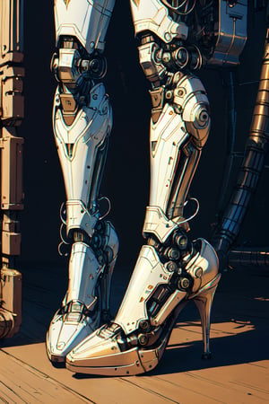 all chrome skin female robot in heels, , top secret, white paint, night, front view, (masterpiece, best quality, highly detailed) , in the style of esao andrews,davincitech