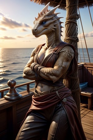 (4k), (masterpiece), (best quality),(extremely intricate), (realistic), (sharp focus), (award winning), (cinematic lighting), (extremely detailed), 

A bald anthro scalie with lizard head and bronze scaled body dressed in red medieval pirate clothing, fully clothed. skinny, thin, slender, lithe, petite. She has bronze scales and piercing blue eyes. wearing a sword on her hip.
break
standing on the top deck of a wooden pirate sailing ship, at sea, surrounded by the ocean, mast and sails, unfurled against the sky. She is looking at the viewer frowning, angry, stern expression, arms crossed.