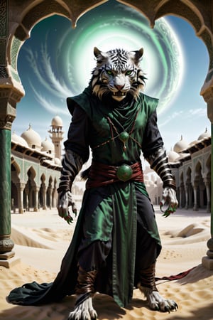 Create a photo realistic image of skinny and gaunt hybrid evil demonic devilish dark white tiger head and furred human body with animal claws and a long neck. grayish fur. standing upright, arms apart, levitating, in an arabian courtyard, dressed in flowing green and black robes and wearing a long cape and cloak. Full body shot. desert background. arabian, arabic, Arab, Middle East, sand. sinister grin, sharp teeth, evil, dark, demonic, grinning. green eyes. (one hand is twisted deformed backwards mirrorred, reversed).
