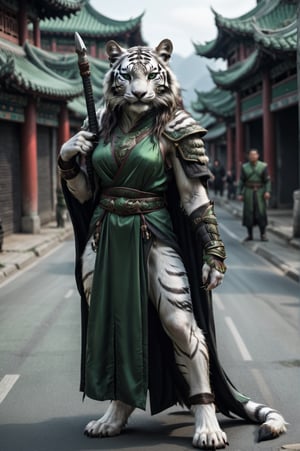 Create a photo realistic image of a female skinny and gaunt hybrid evil demonic devilish dark white tiger head and furred human body with animal claws and a long neck. grayish fur, furry body, furry claws, dressed in green chinese armor and flowing green and black robes, green eyes, smiling. Full body shot. standing in a busy chinese road. 
