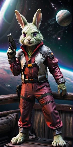Create a semirealistic image of a (small boy) skinny green rabbit head and green furred human body with animal claws and a long neck, green fur, rabbit ears folded back, furry claws, green furry feet, rabbit tail, bright purple eyes, cocky smile, raised eyebrow. 
BREAK
wearing a red space suit, red flight jacket, red pants, red cape, red outfit, red clothes. wearing pilot goggles. holding a futuristic blaster pistol gun (weapon). 
BREAK
Full body shot. Standing on the top deck of a wooden ship , wooden railing. background in space above a planet.
