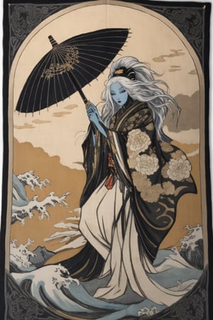 create a beautifully detailed japanese ukiyo-e art style tapestry of a black-skinned white haired drow geisha wearing a flowing golden kimono. she holds an intricately detailed umbrella with an extremely long handle which exudes a dark and menacing aura.
