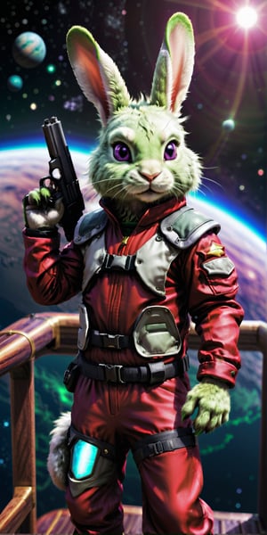 Create a semirealistic image of a (small boy) skinny green rabbit head and green furred human body with animal claws and a long neck, green fur, rabbit ears folded back, furry claws, green furry feet, rabbit tail, bright purple eyes, cocky smile, raised eyebrow. 
BREAK
wearing a red space suit with red flight jacket, red pants, red cape, aviator hat and goggles.holding a futuristic blaster pistol gun (weapon). 
BREAK
Full body shot. Standing on the top deck of a wooden ship , wooden railing. background in space above a planet.