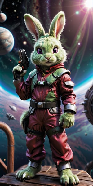 Create a semirealistic image of a (small boy) skinny green rabbit head and green furred human body with animal claws and a long neck, green fur, rabbit ears folded back, furry claws, green furry feet, rabbit tail, bright purple eyes, cocky smile, raised eyebrow. wearing a red space suit with red flight jacket, red pants, red cape and flight goggles, and holding a futuristic pistol. Full body shot. Standing on the deck of a wooden ship , wooden railing, mast, cannons. background in space above a planet.