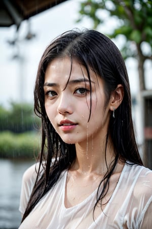 rain, wet t-shirt, woman standing in a japan city, sad_face, raw photo, black hair, cinematic, Smooth, beautiful skin, realistic,eungirl,wet hair, close up shot, standing in the rain, full photoshoot, Japanese mature woman, beautiful woman