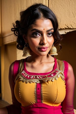 Busty woman wearing salwar suit, slwrsut, curly hairs, traditional patterns,busty, ((close up portrait)), seductively posing, leaning against wall,, (minimalistic interiors), (masterpiece:1.2), (high resolution:1.3), (insane quality:1.4), (flawless composition:1.5), nikon 35 mm prime lens, full frame dslr camera
,slwrsut