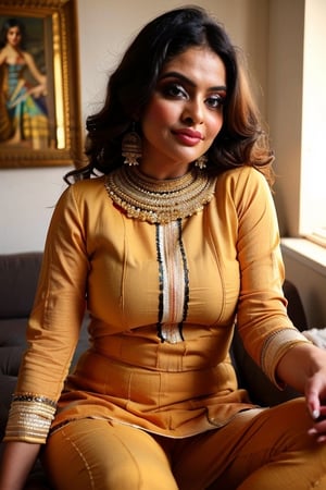 Busty woman wearing salwar suit, slwrsut, curly hairs, traditional patterns,busty, ((close up portrait)), seductively posing, sitting,, (minimalistic interiors), (masterpiece:1.2), (high resolution:1.3), (insane quality:1.4), (flawless composition:1.5), nikon 35 mm prime lens, full frame dslr camera
,slwrsut