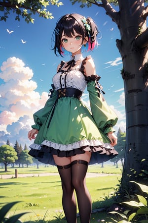 1girl, solo, breasts, looking at viewer, blush, short hair, bangs, black hair, hair ornament, long sleeves, dress, bare shoulders, medium breasts, closed mouth, green eyes, standing, braid, multicolored hair, outdoors, frills, detached sleeves, sky, day, puffy sleeves, cloud, tree, feet out of frame, one side up, frilled dress, plant, green dress, colored inner hair