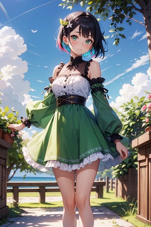1girl, solo, breasts, looking at viewer, blush, short hair, bangs, black hair, hair ornament, long sleeves, dress, bare shoulders, medium breasts, closed mouth, green eyes, standing, braid, multicolored hair, outdoors, frills, detached sleeves, sky, day, puffy sleeves, cloud, tree, feet out of frame, one side up, frilled dress, plant, green dress, colored inner hair