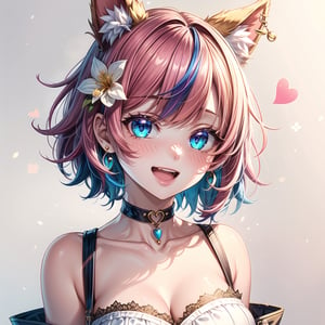 1girl, solo, looking at viewer, blush, smile, short hair, open mouth, bangs, blue eyes, simple background, hair ornament, white background, dress, animal ears, jewelry, collarbone, upper body, pink hair, flower, heart, multicolored hair, earrings, virtual youtuber, cat ears, animal ear fluff, floral print
