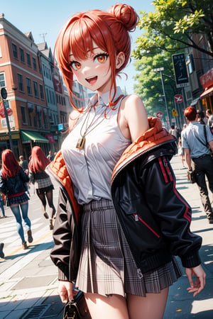 1girl, solo, breasts, looking at viewer, smile, open mouth, bangs, skirt, shirt, long sleeves, bare shoulders, jewelry, jacket, white shirt, :d, red hair, cowboy shot, pleated skirt, outdoors, open clothes, sleeveless, collared shirt, necklace, off shoulder, hair bun, orange hair, open jacket, tree, black jacket, orange eyes, plaid, dutch angle, sleeveless shirt, plaid skirt