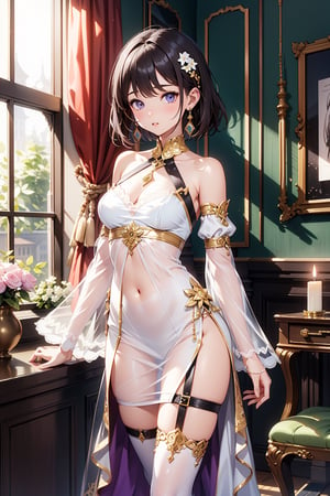 1girl, solo, breasts, looking at viewer, blush, short hair, bangs, blue eyes, brown hair, black hair, hair ornament, long sleeves, dress, bare shoulders, jewelry, medium breasts, closed mouth, standing, purple eyes, thighs, earrings, parted lips, detached sleeves, puffy sleeves, indoors, white dress, see-through, window, covered navel, thigh strap, curtains, juliet sleeves, pelvic curtain, side slit, gold trim, candle, thighlet, painting \(object\), candlestand