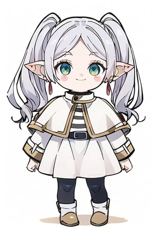 score_9,score_8_up,score_7_up, 
chibi, chibi style, 

1girl,looking at viewer,blush,smile,simple background,white background,standing,full body,chibi,shiny hair,blush stickers,no pupils,random pose

FrierenSSnF, closed mouth,grey hair, long hair, green eyes, twintails, parted bangs, earrings, pointy ears, FrierenCasual, striped shirt, white capelet, black belt, white skirt, long sleeves, black pantyhose