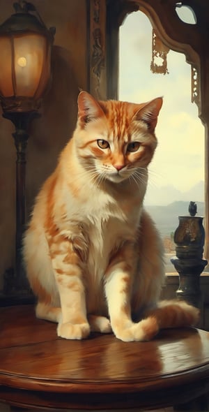 The orange cat, amber eyes, sitting still on an antique wooden round table Thai style, his expression was curious, The walls were simple oil paints, the tone was dark, and the light catching the cat made it stand out. Watercolor art with detailed brush strokes, highlighted, dark palette, high resolution and contrast, high colour contrast, intricately textured and detailed, deep focus, depth of field, ultra quality, ink art, Pomological Watercolor, DonM3x71nc710nXL